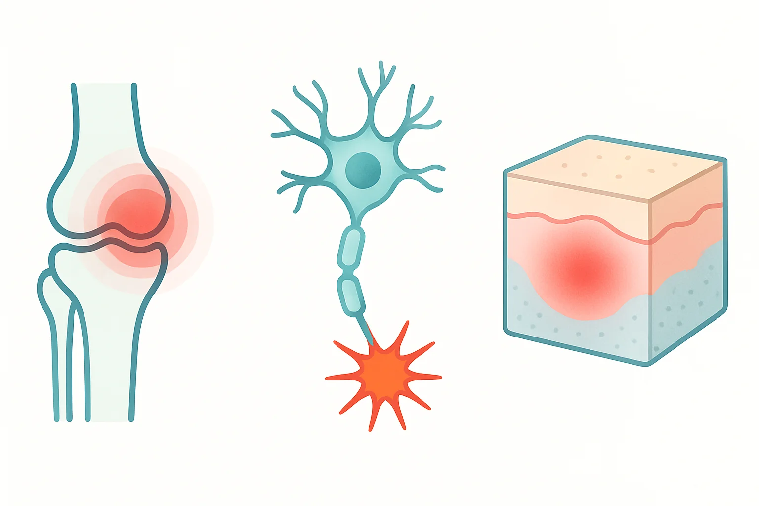 Trois types de douleur que le CBD peut soulager : nociceptive (articulation), neuropathique (nerf) et inflammatoire (tissu)